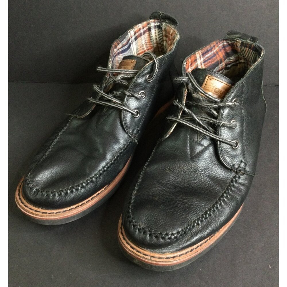 Toms Mens Leather Chukka Ankle Boots Shoes Lace Up Black Plaid Lined